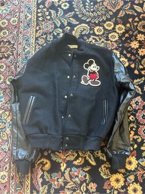 Men's Black Varsity Jacket with Mickey Patch chalk line medium